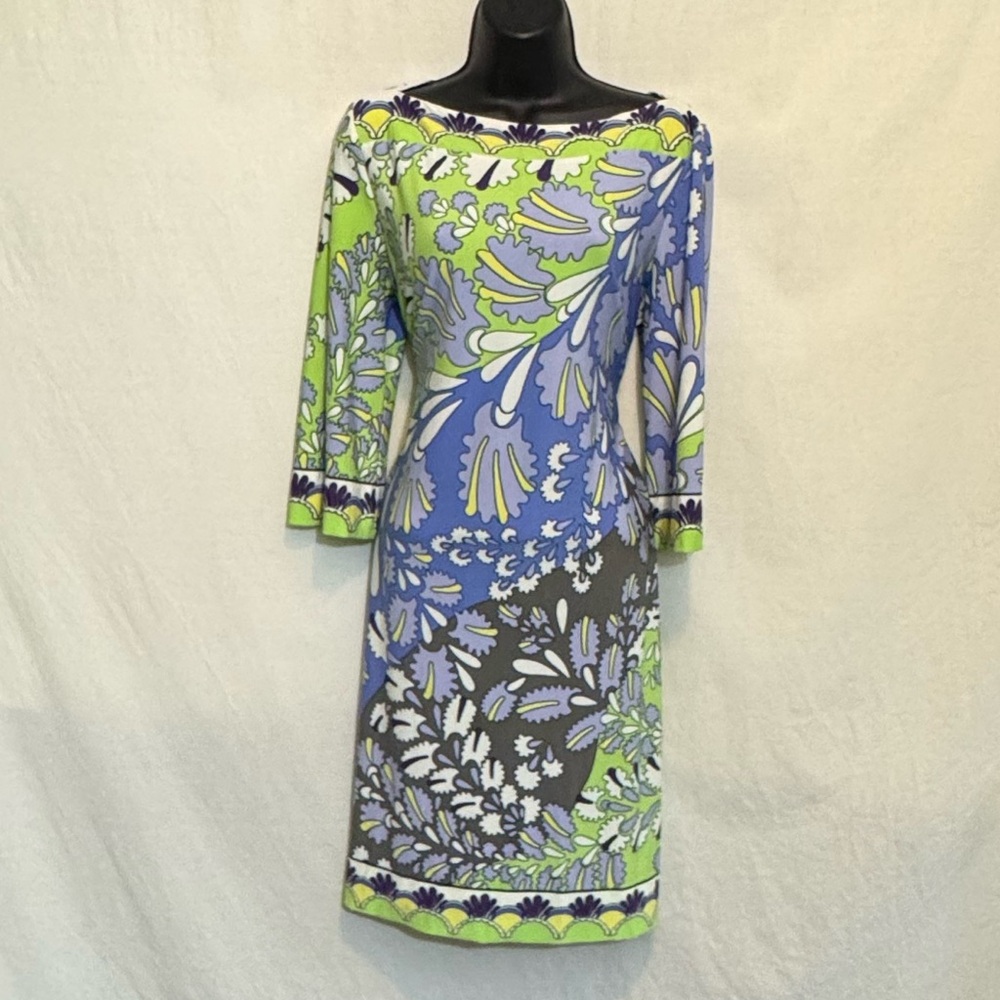 B-125 New Directions PLUS SIZE 14 Blue & Green Pullover 1/2 Sleeve MIDI Dress